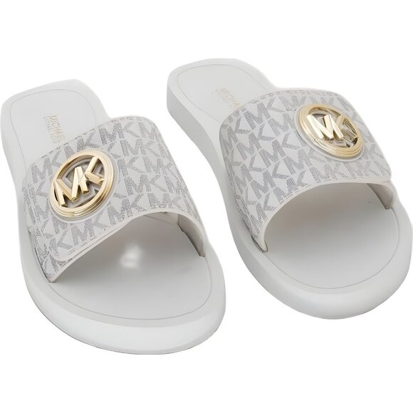 Michael Kors Logo-Charm Slide Sandals Cream Vanilla Women's Casual Pool 8M - Picture 1 of 6